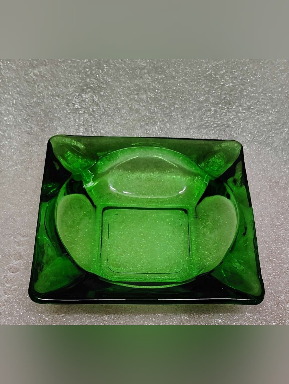 Vintage Emerald green glass ashtray, square with four rests, Mid-Century Modern